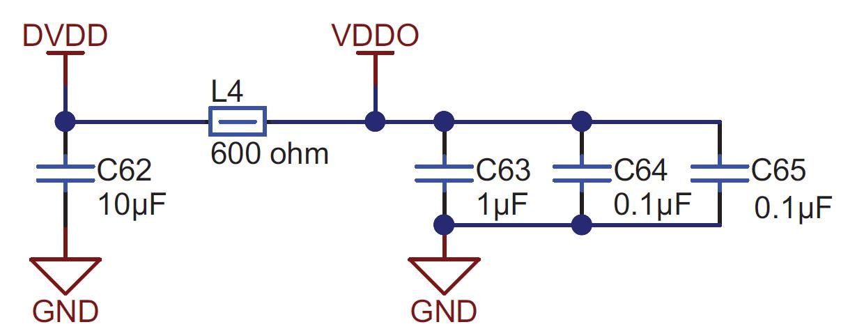 图7. ADC数字供应（DVDD）和时钟缓冲区输出电源（VDDO）的解耦组件（电容器和铁氧体）上的ADS127L01EVM示意图