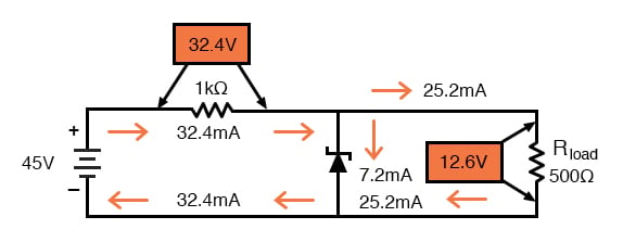 稳压调节器与1000Ω电阻系列和500Ω负载。