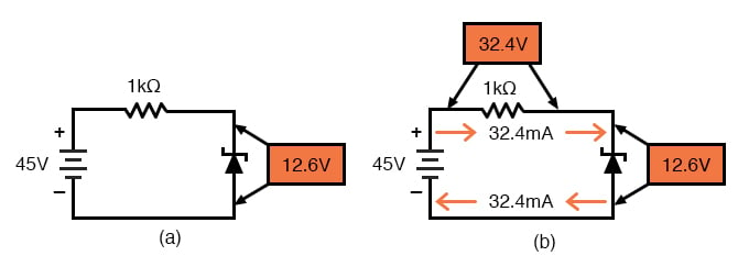 (一)齐纳电压调节器1000Ω电阻。(b)计算电压和电流下降。