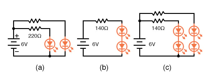 并行多个发光二极管:(a)、(b)串联、串并联(c)