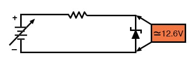 齐纳二极管调节器电路,齐纳电压= 12.6 v)。